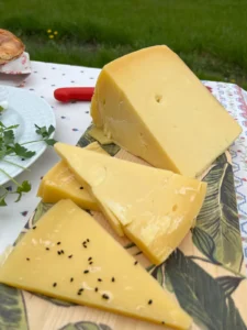 Tahta üzerinde dilimlenmiş eski kaşar peyniri